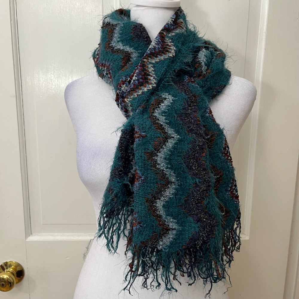Missoni Sciarpe Teal Zigzag Pattern Long Fuzzy Sc… - image 7